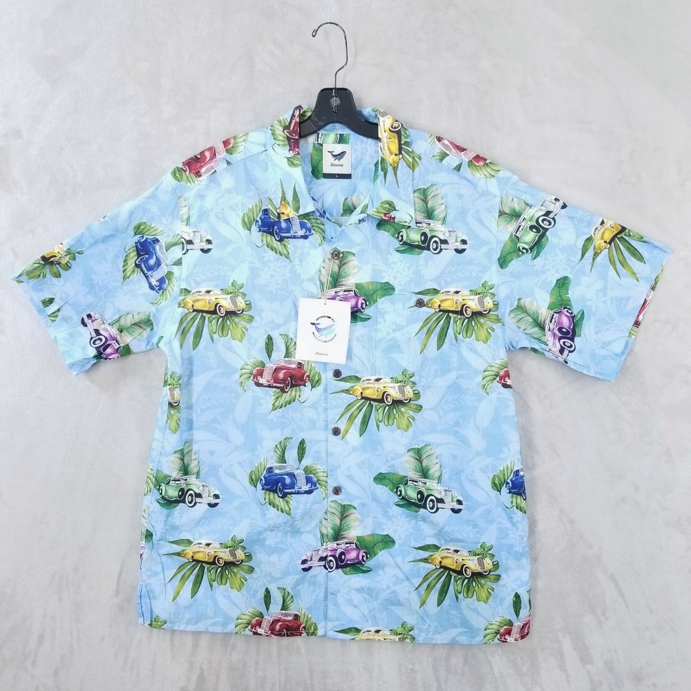 Yiume Classic Car Tropical Print‎ Hawaiian Button Down Shirt Blue Mens Large NEW